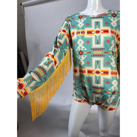 GG Western Wear Aztec Print Long Sleeve Fringe Body Suit - Picture 3 of 16